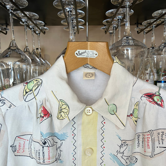 shirt made from a recycled vintage linen tablecloth with a cocktails theme