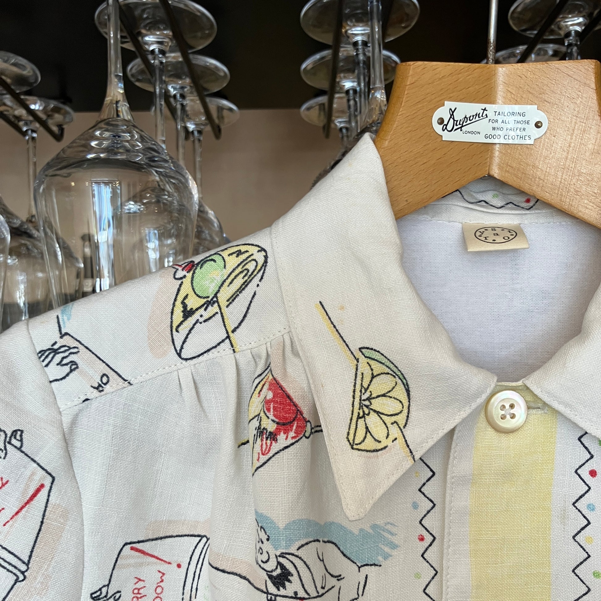 shirt made from a recycled vintage linen tablecloth with a cocktails theme