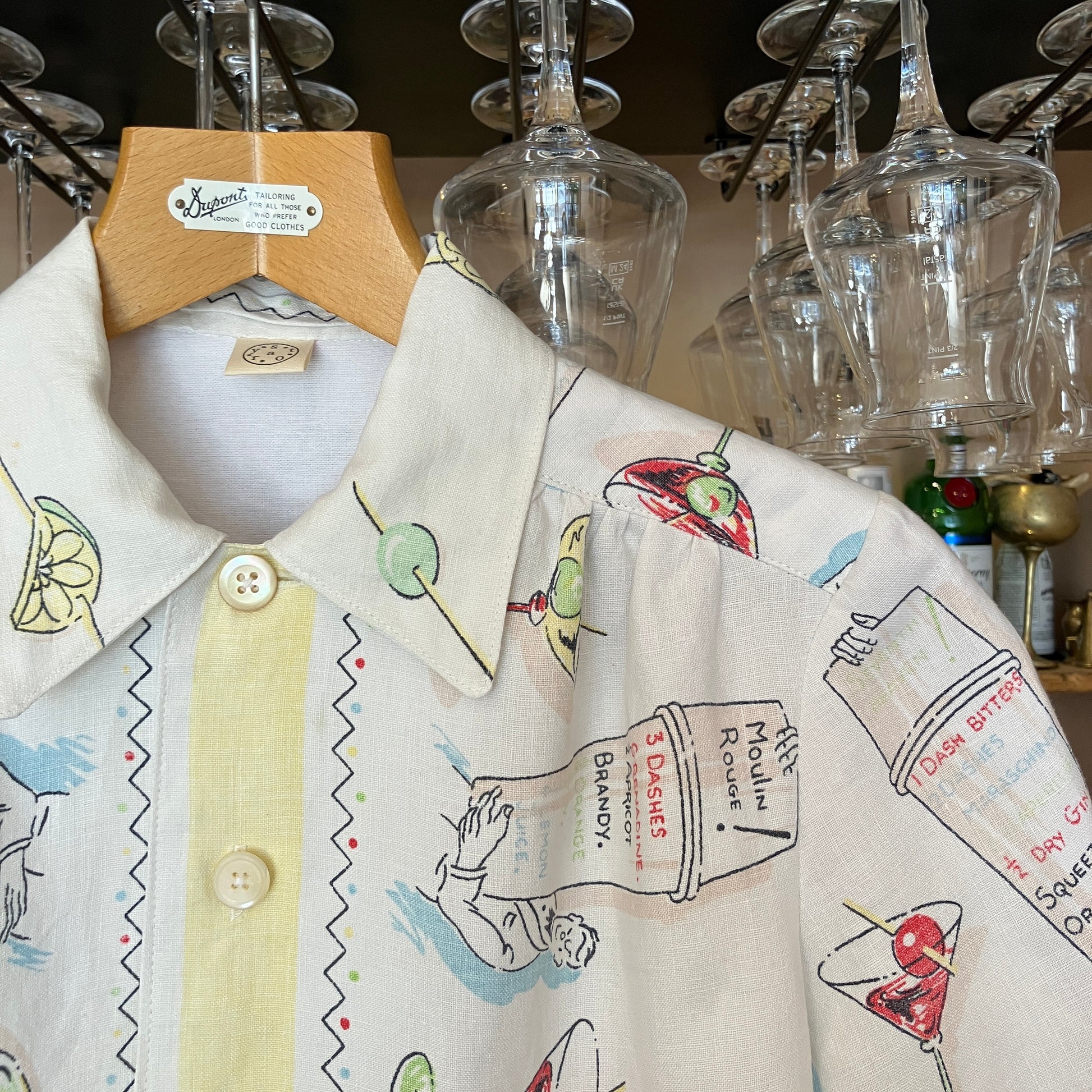 shirt made from a recycled vintage linen tablecloth with a cocktails theme