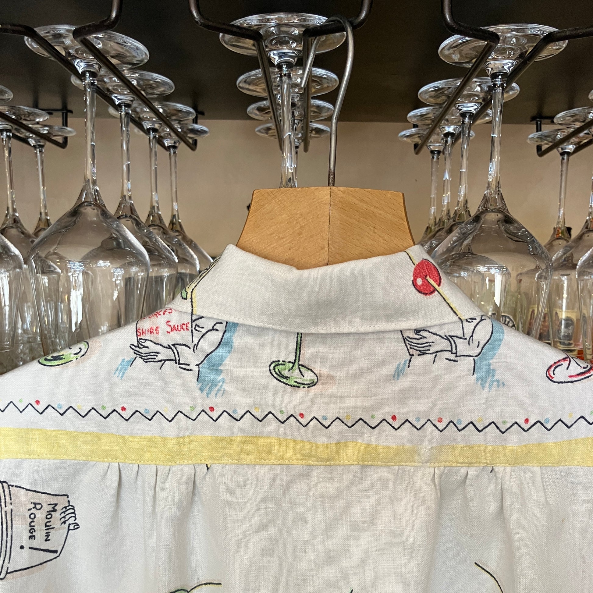 shirt made from a recycled vintage linen tablecloth with a cocktails theme