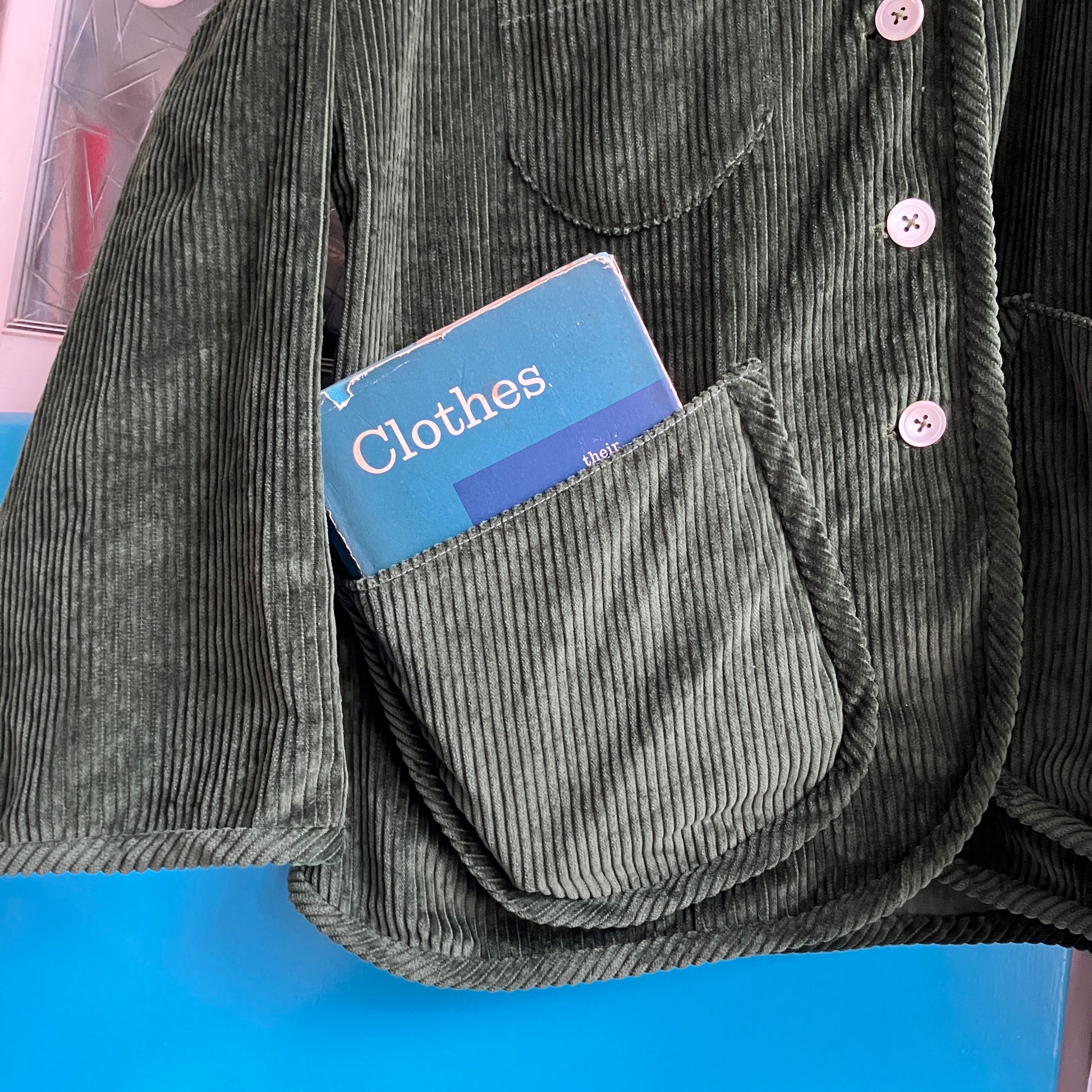 Jacket or shacket made from reclaimed green corduroy