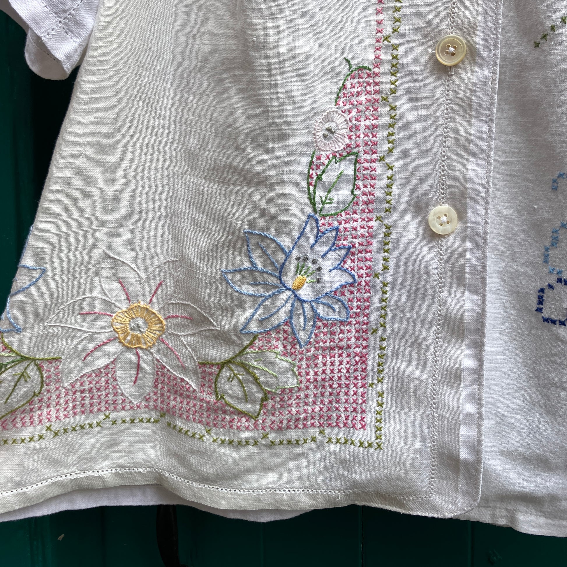 Recycled cross-stitch tablecloth shirt