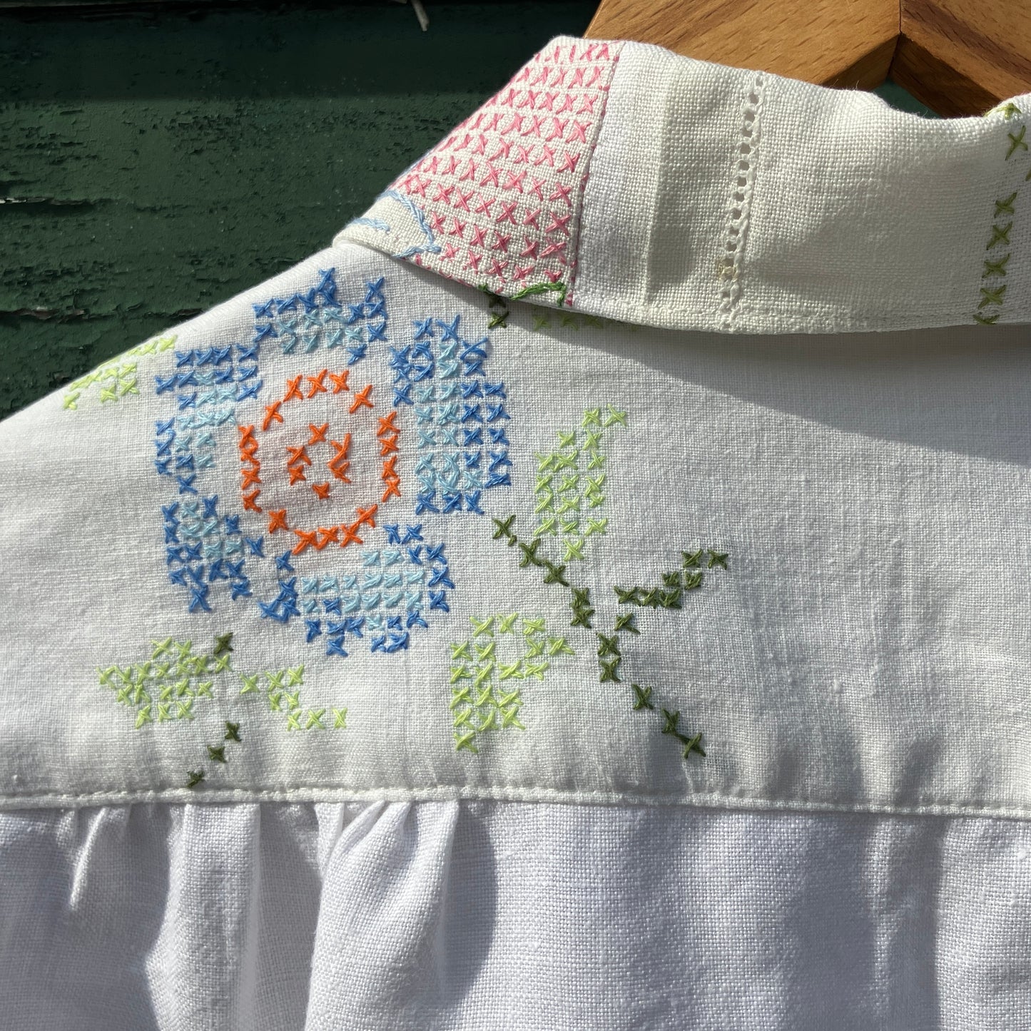 Recycled cross-stitch tablecloth shirt