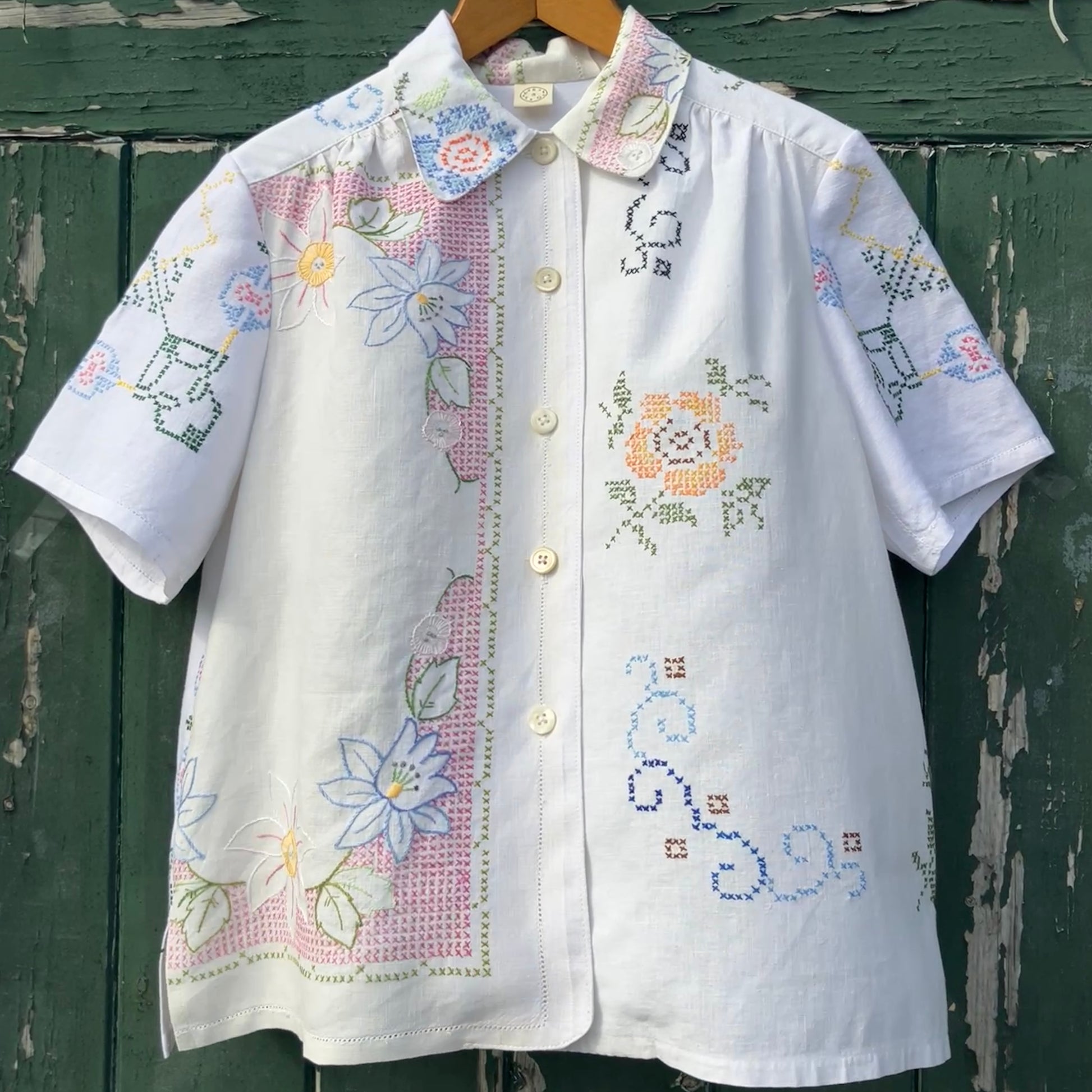 Recycled cross-stitch tablecloth shirt
