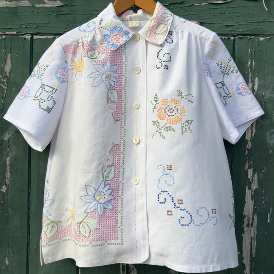 Recycled cross-stitch tablecloth shirt
