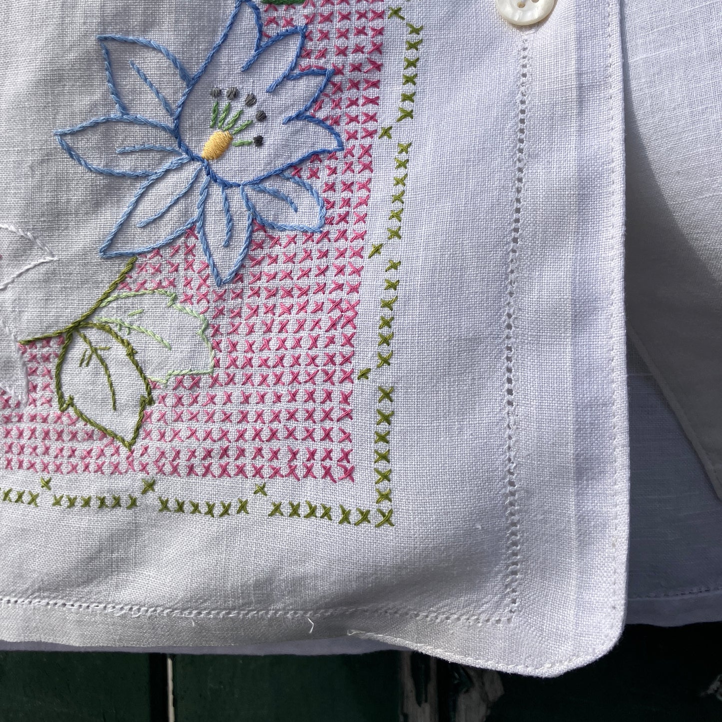 Recycled cross-stitch tablecloth shirt