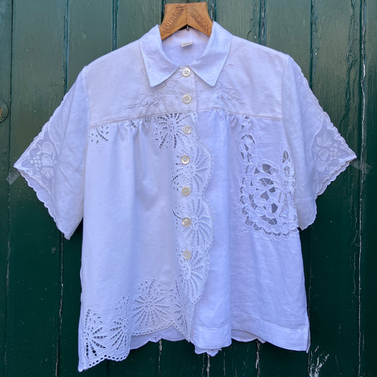 shirt made from a patchwork of recycled vintage white table linen