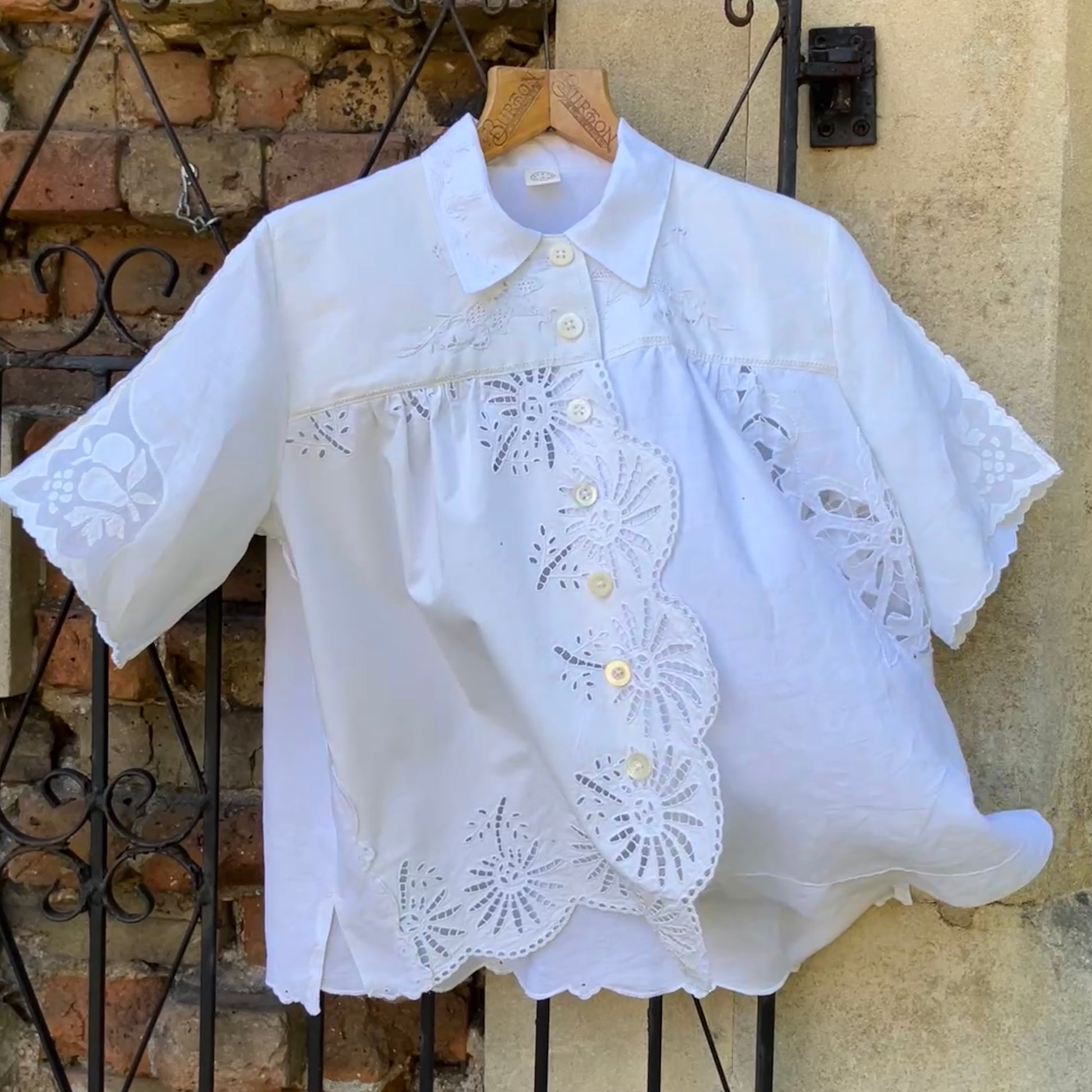 shirt made from a patchwork of recycled vintage white table linen