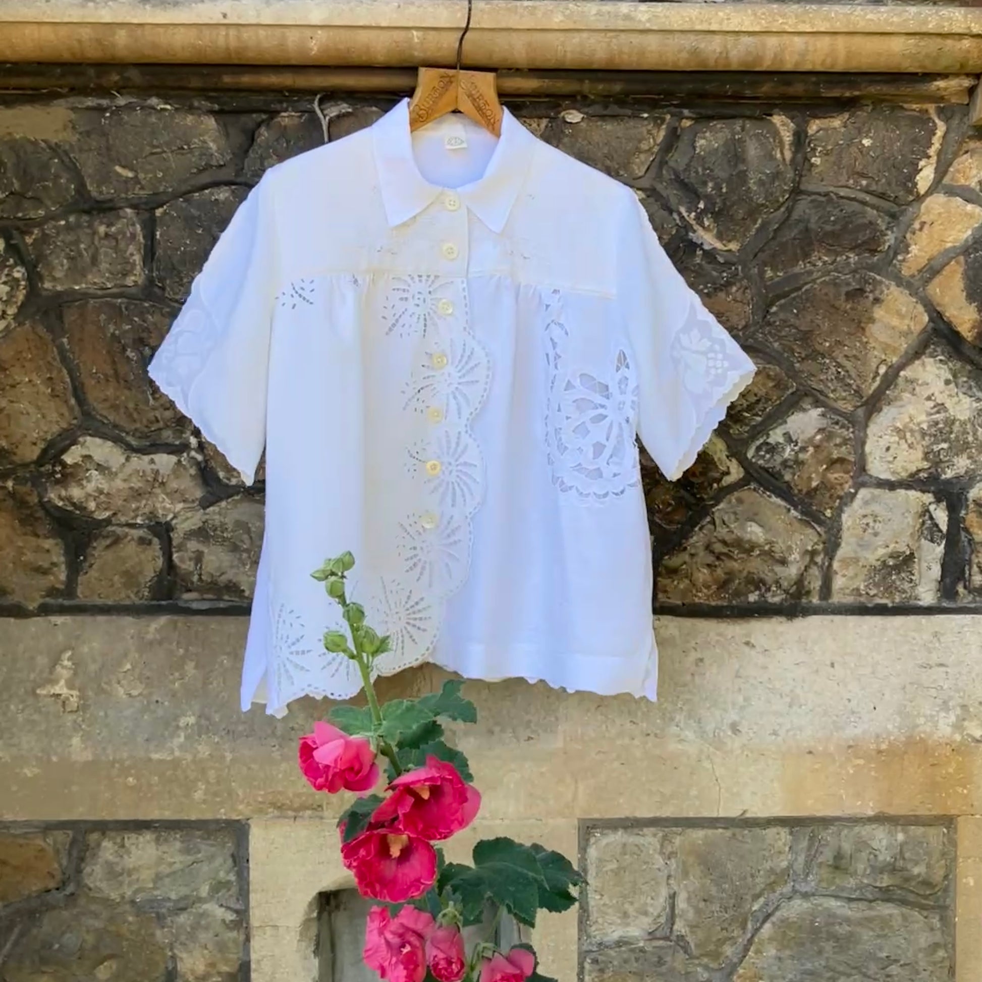 shirt made from a patchwork of recycled vintage white table linen