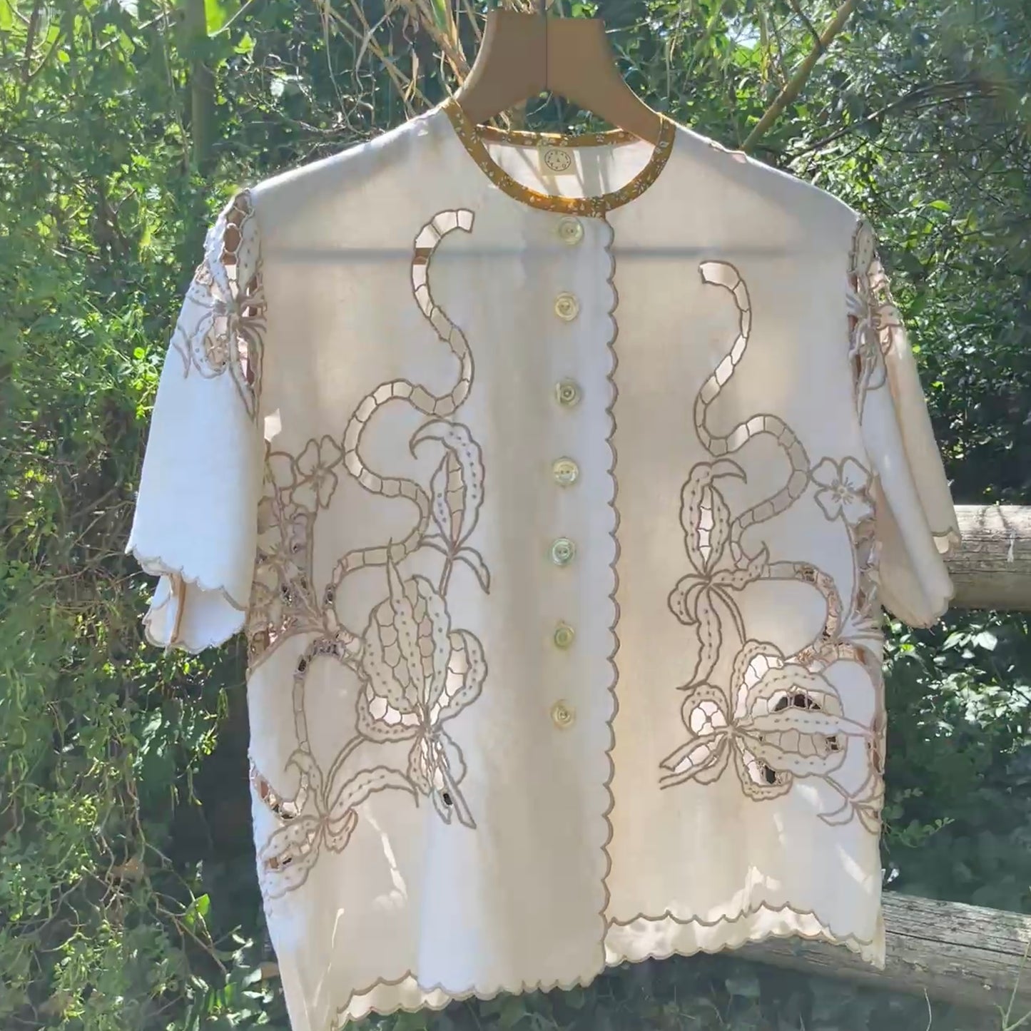 Top made from a vintage cutwork linen tablecloth