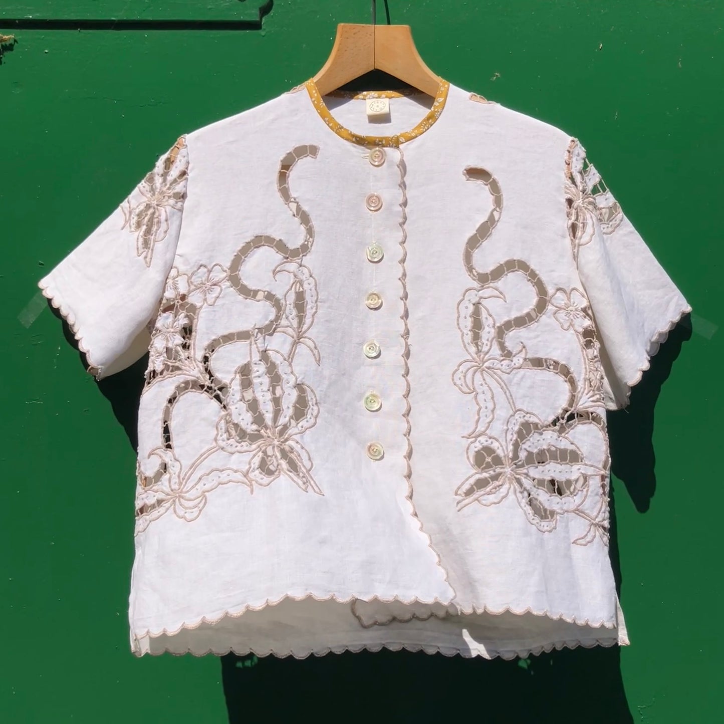 Top made from a vintage cutwork linen tablecloth
