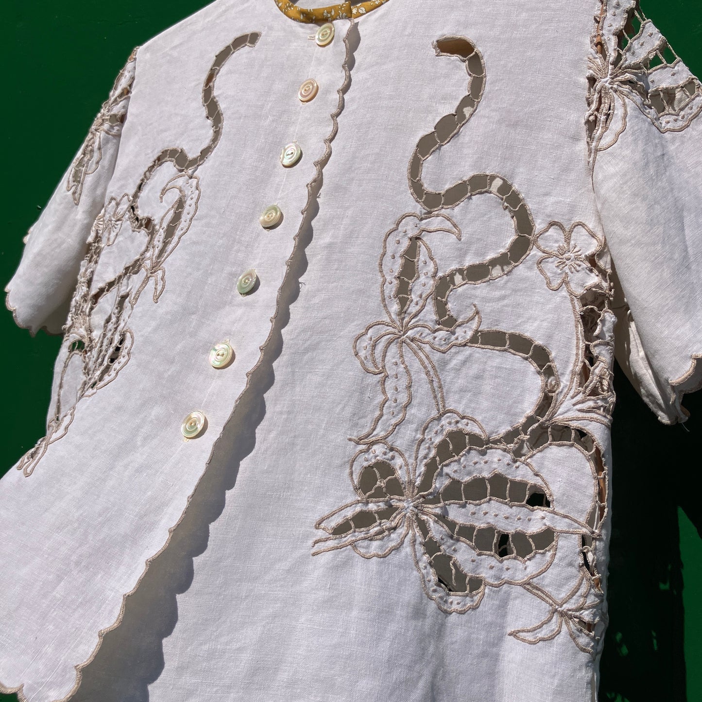 Top made from a vintage cutwork linen tablecloth