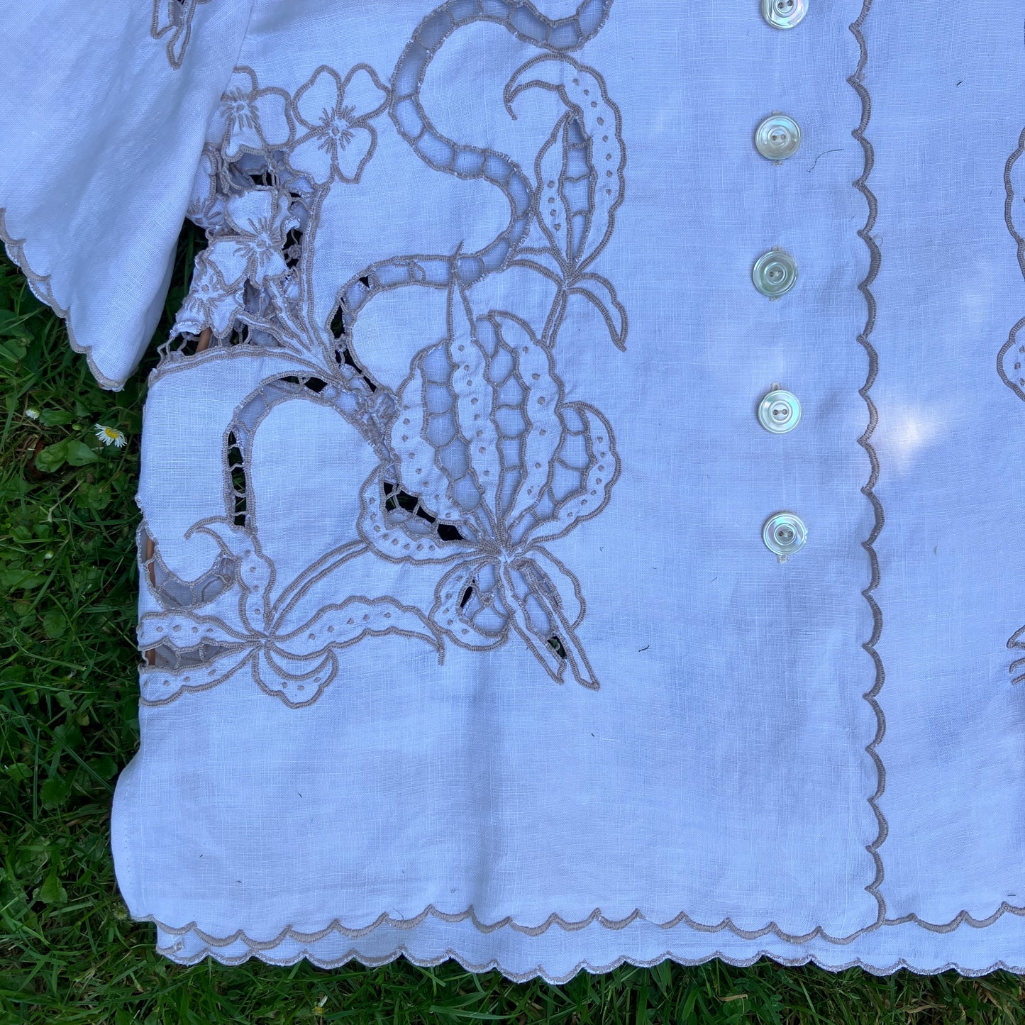 Top made from a vintage cutwork linen tablecloth