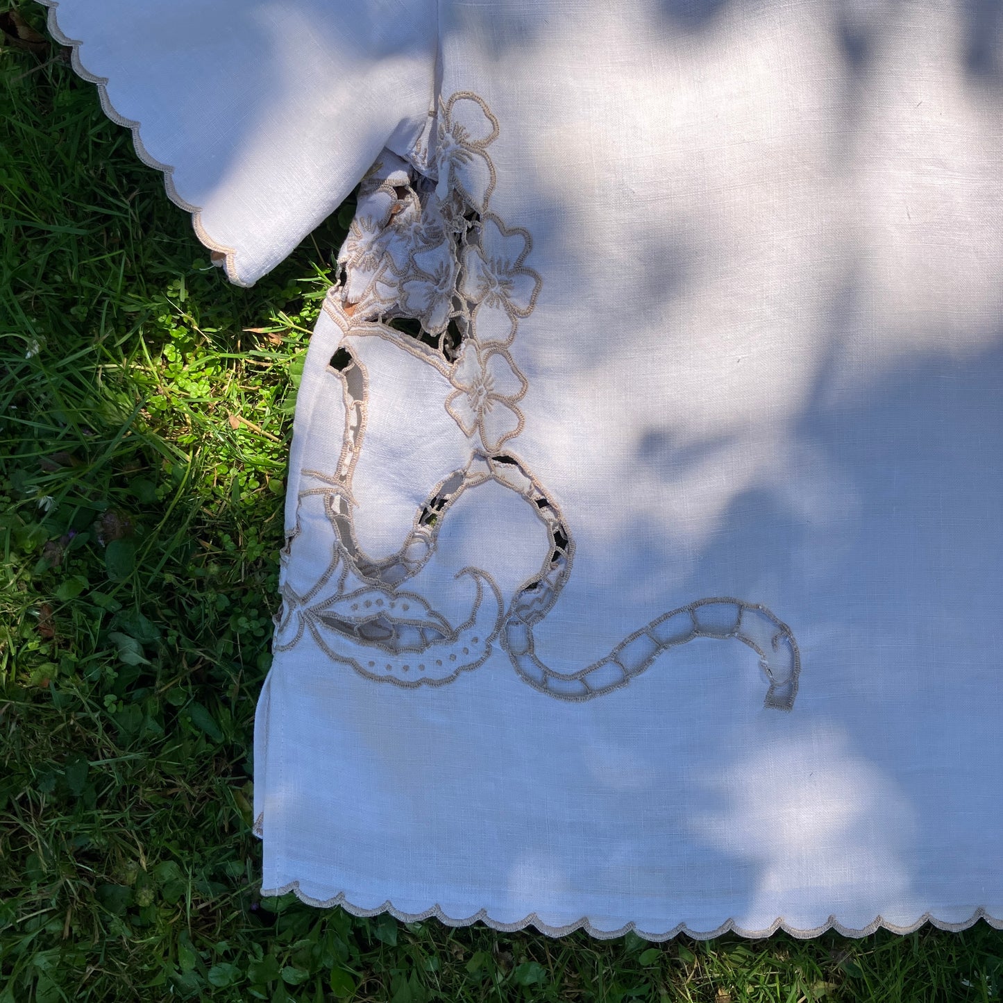 Top made from a vintage cutwork linen tablecloth