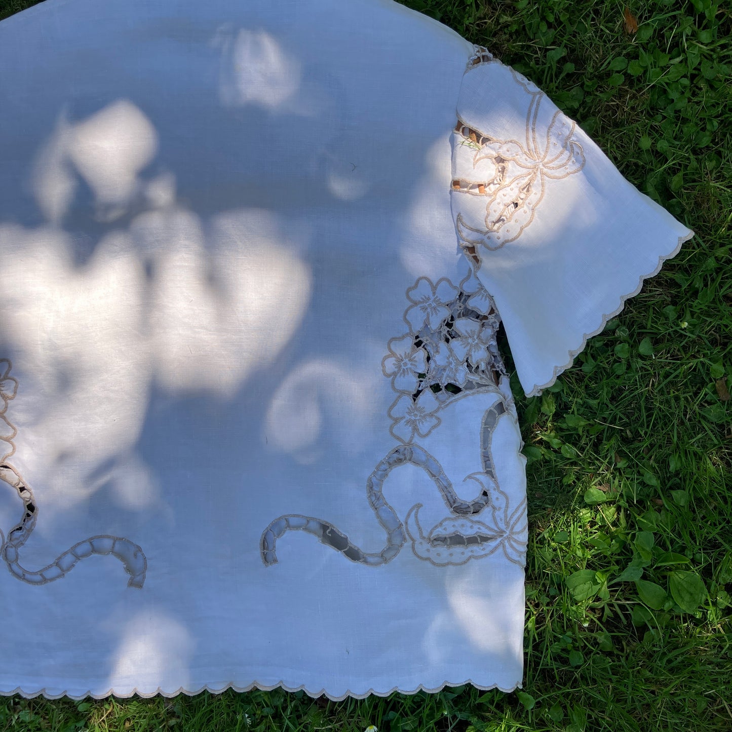 Top made from a vintage cutwork linen tablecloth