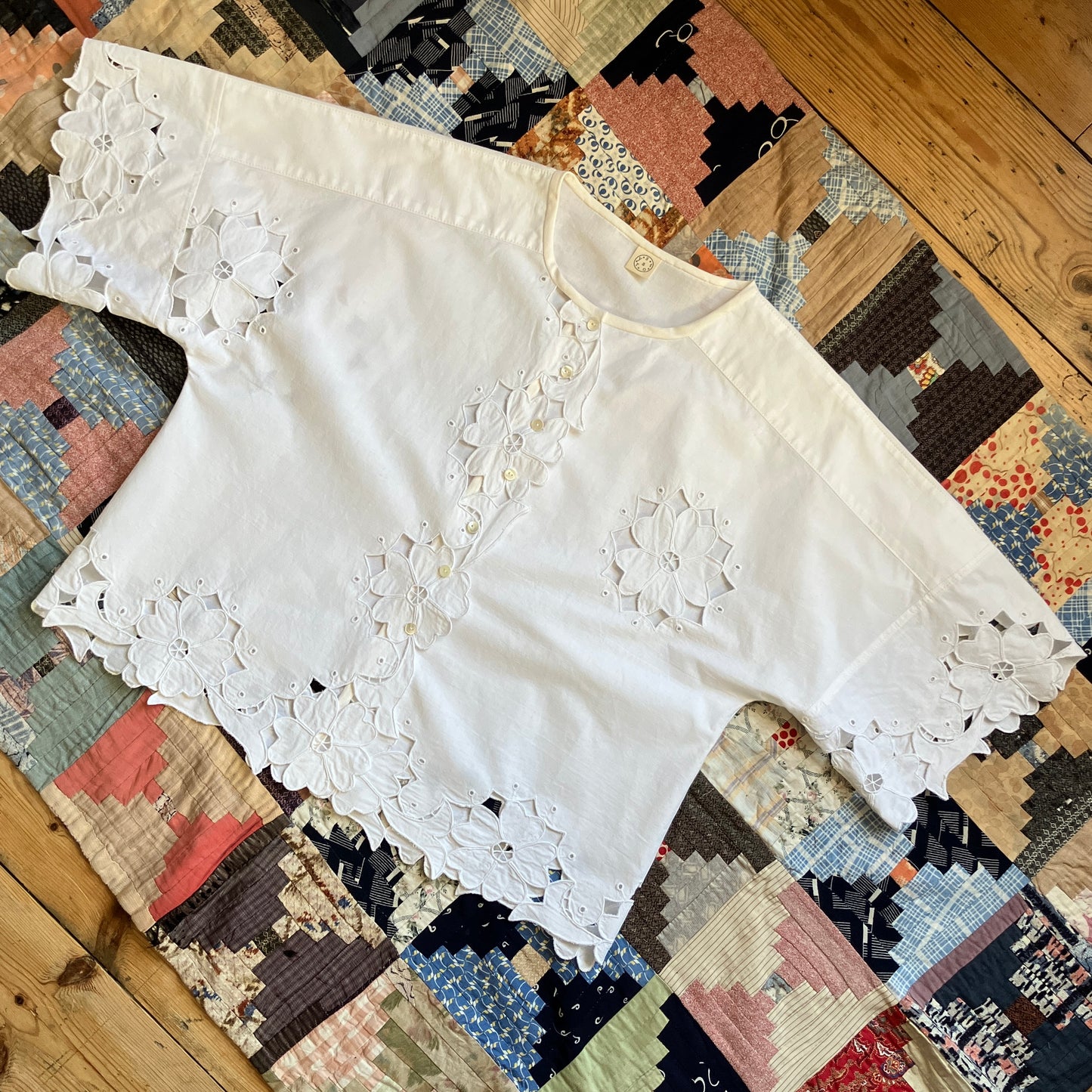 Cutwork daisies recycled tablecloth top