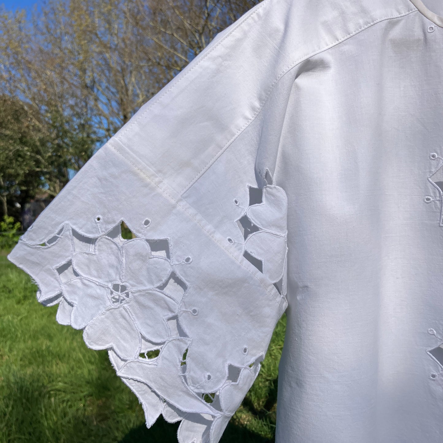 Cutwork daisies recycled tablecloth top