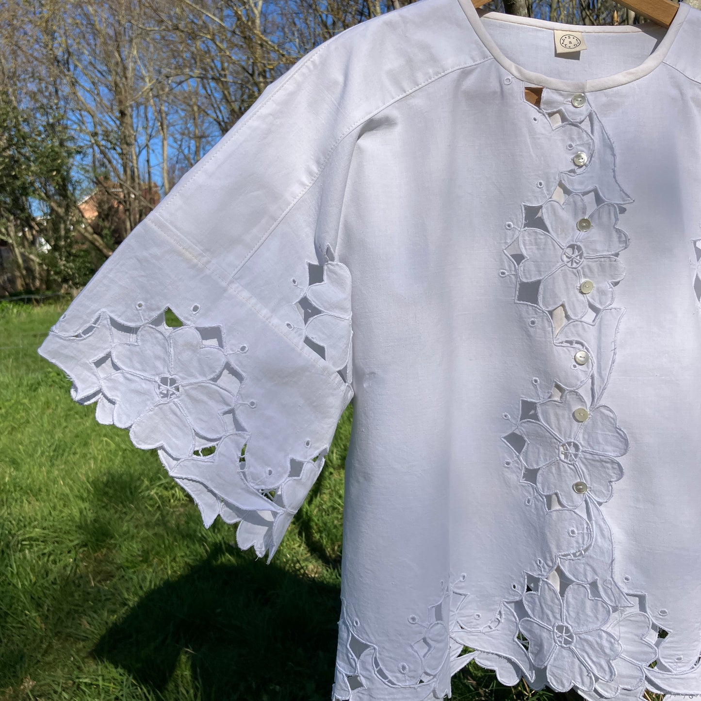 Cutwork daisies recycled tablecloth top