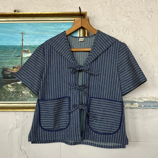 Tie-front sailor-collar shirt made from vintage deadstock striped denim