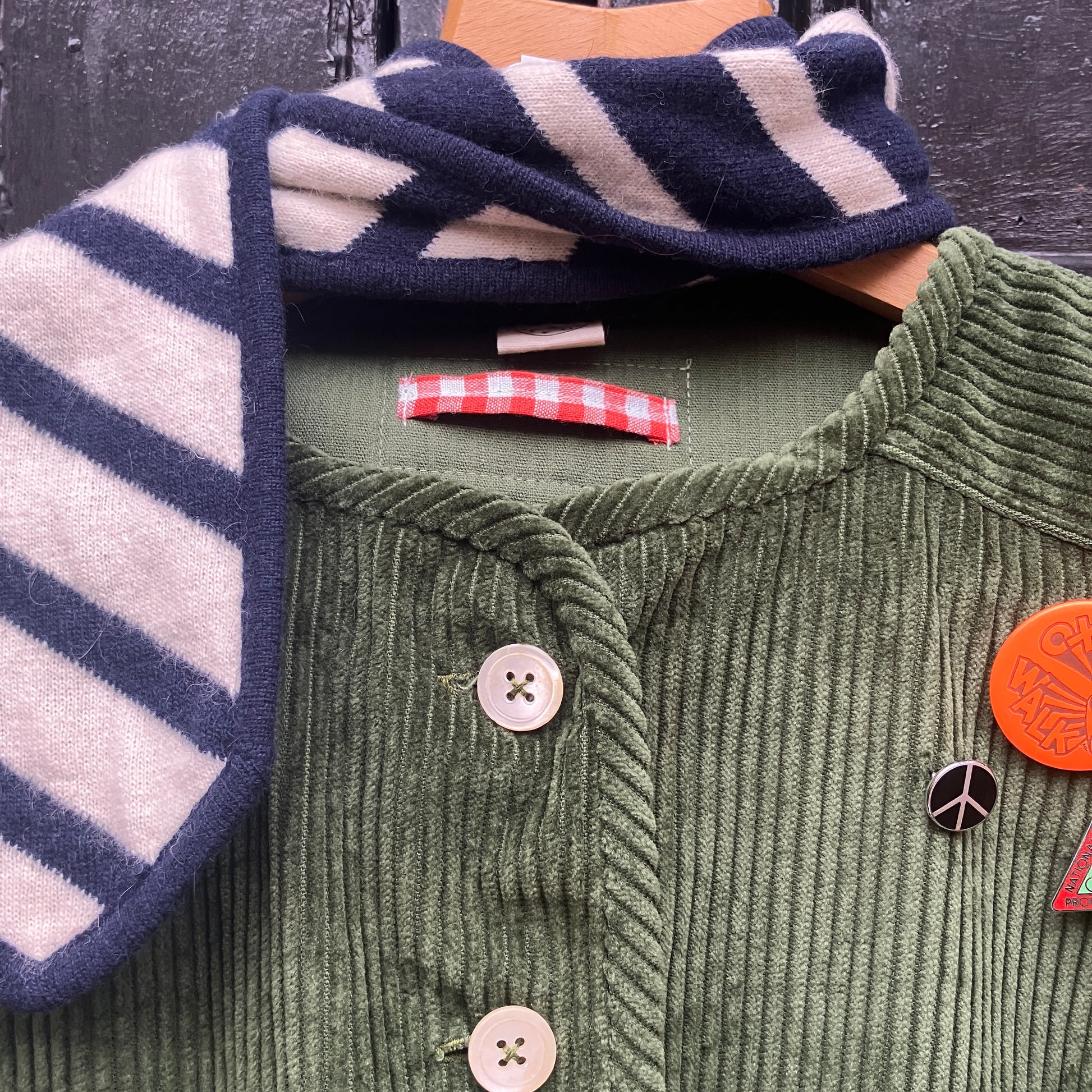 Jacket or shacket made from reclaimed green corduroy