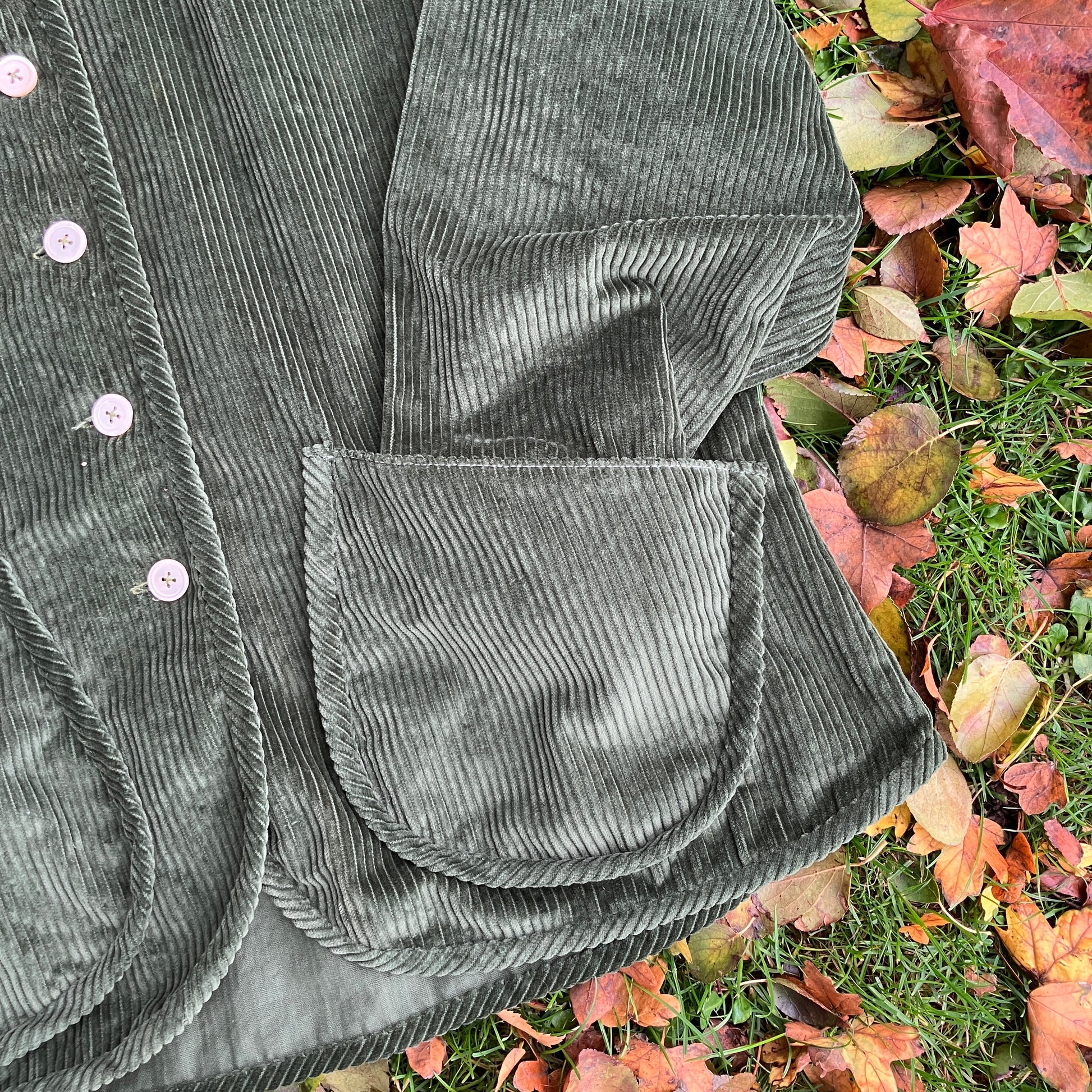 Jacket or shacket made from reclaimed green corduroy