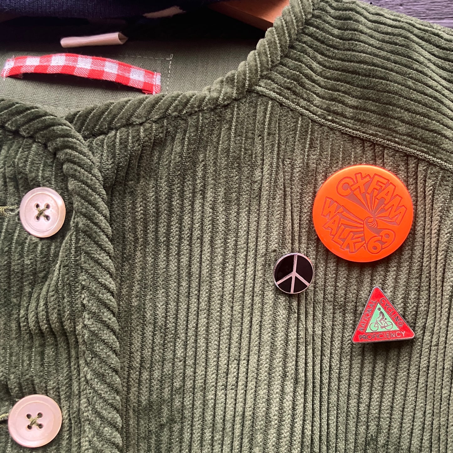 Jacket or shacket made from reclaimed green corduroy