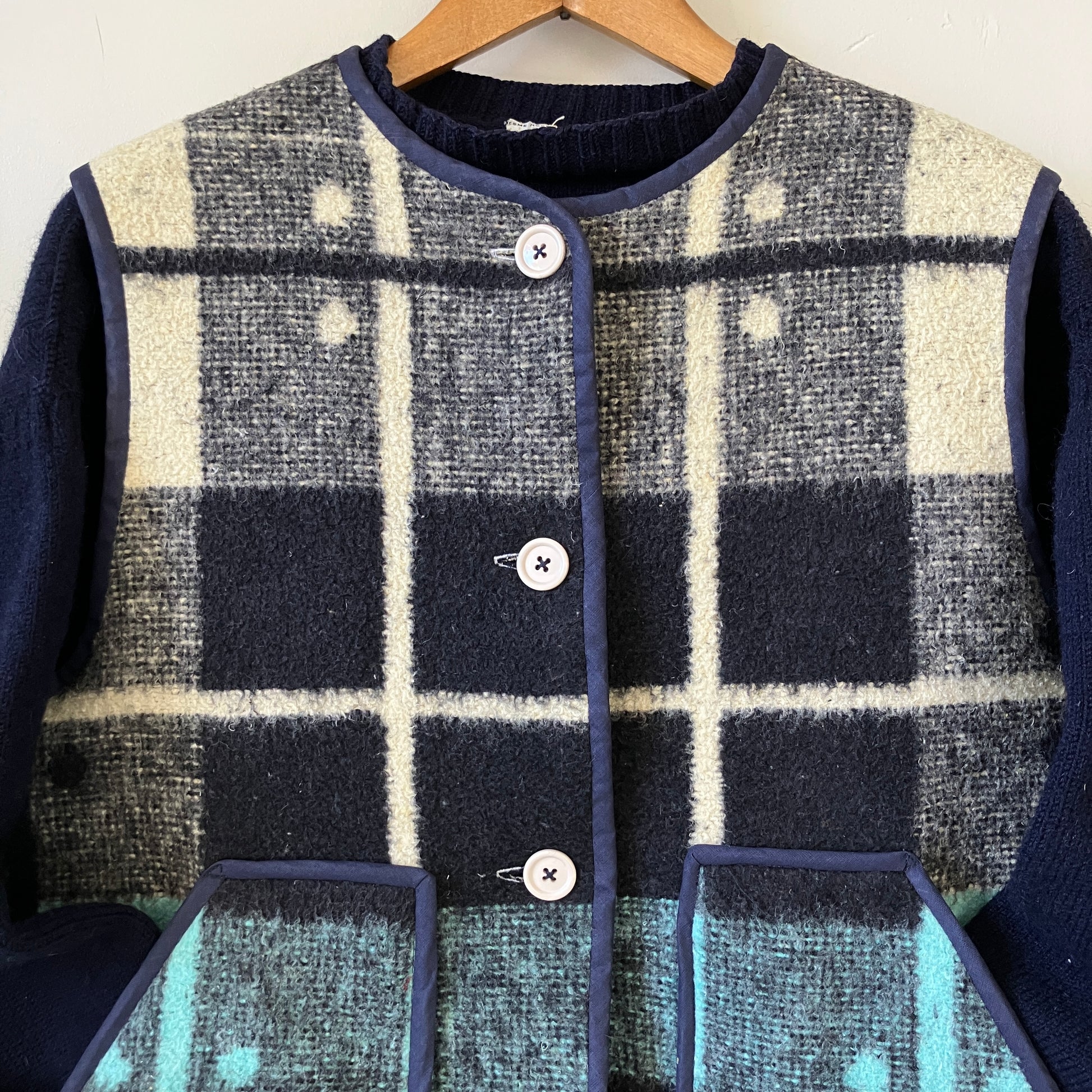 Button-front vest or waistcoat made from a vintage reclaimed wool-mix blanket with an amazing dot and check pattern