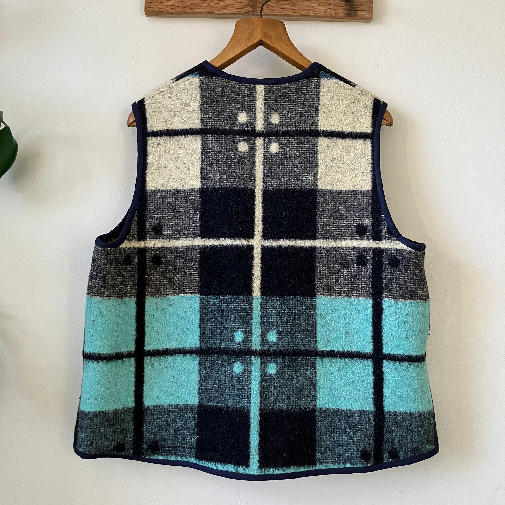 Button-front vest or waistcoat made from a vintage reclaimed wool-mix blanket with an amazing dot and check pattern