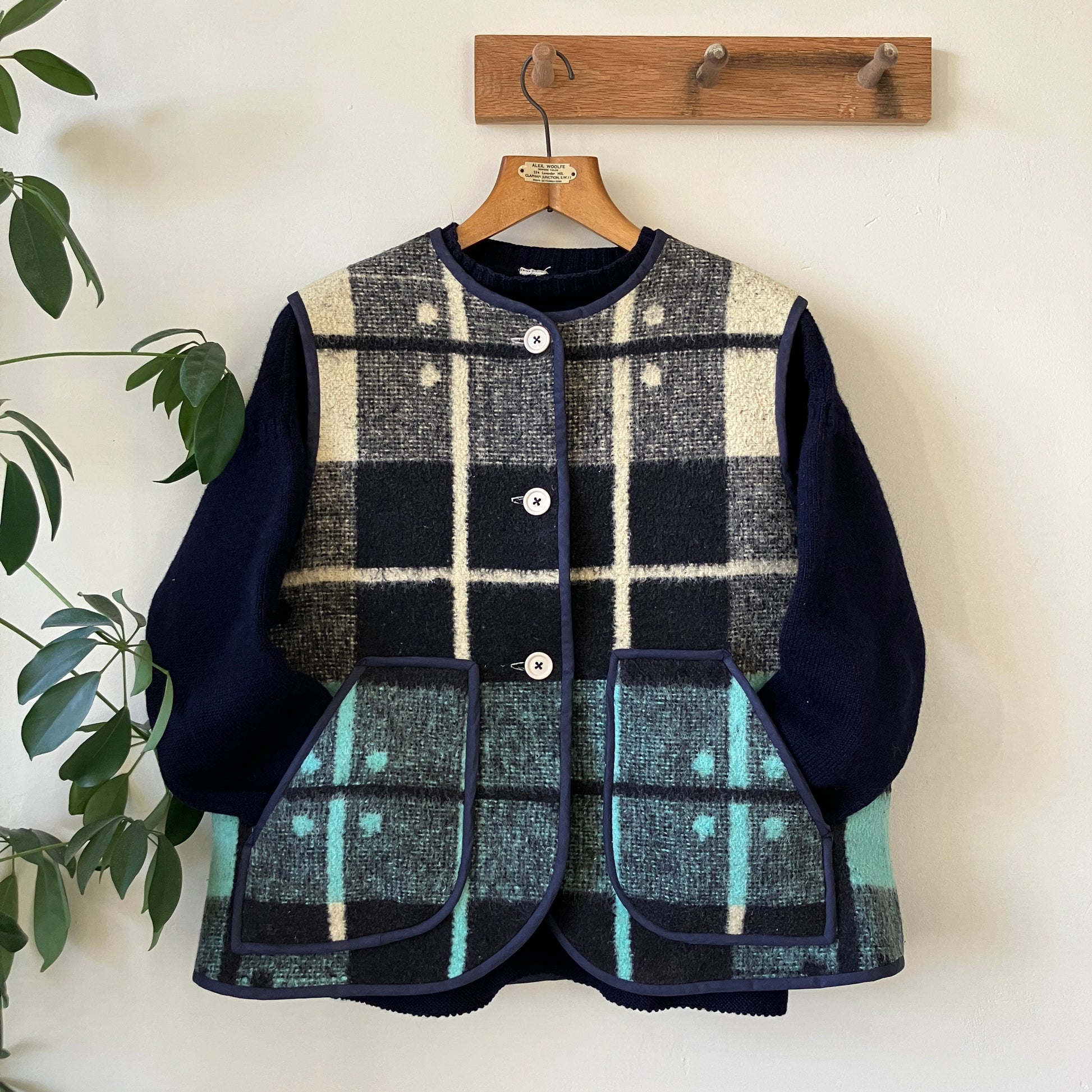 Button-front vest or waistcoat made from a vintage wool-mix blanket with an amazing dot and check pattern