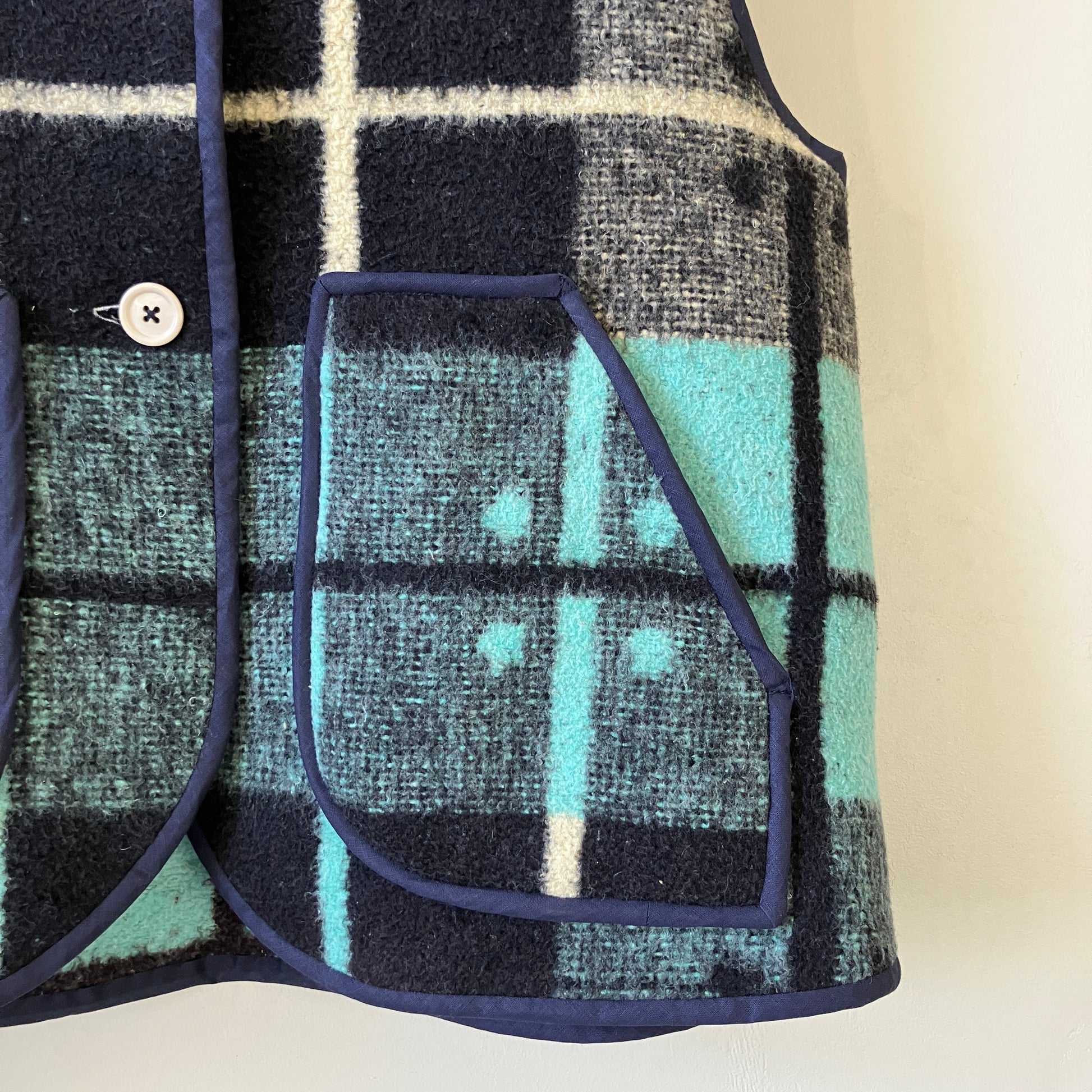 Button-front vest or waistcoat made from a vintage reclaimed wool-mix blanket with an amazing dot and check pattern