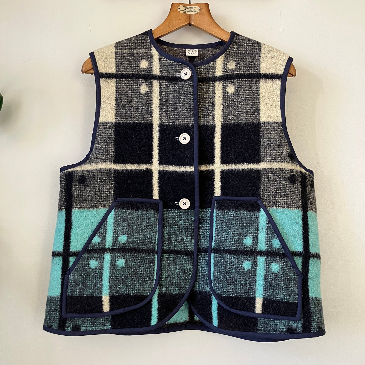 Button-front vest or waistcoat made from a vintage reclaimed wool-mix blanket with an amazing dot and check pattern