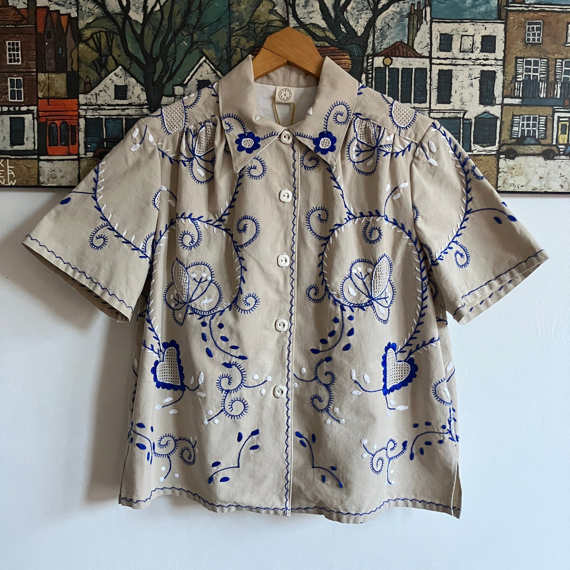 shirt hand made from a recycled embroidered tablecloth