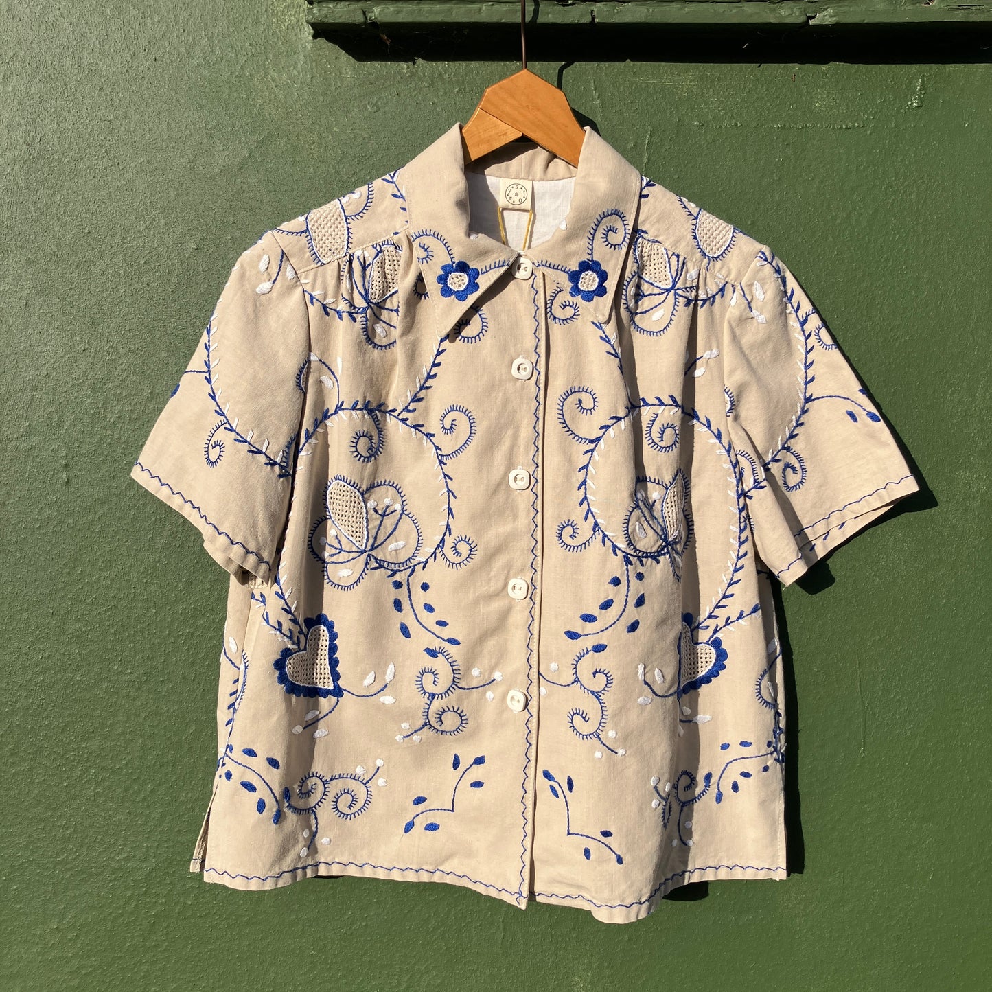 shirt hand made from a recycled embroidered tablecloth