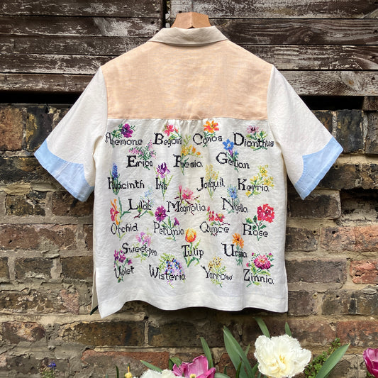 shirt made from vintage cross stitch flowers recycled linen panel
