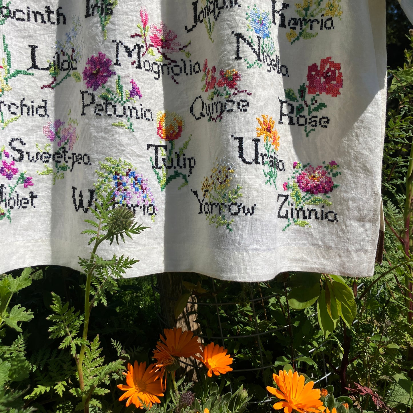 shirt made from vintage cross stitch flowers recycled linen panel