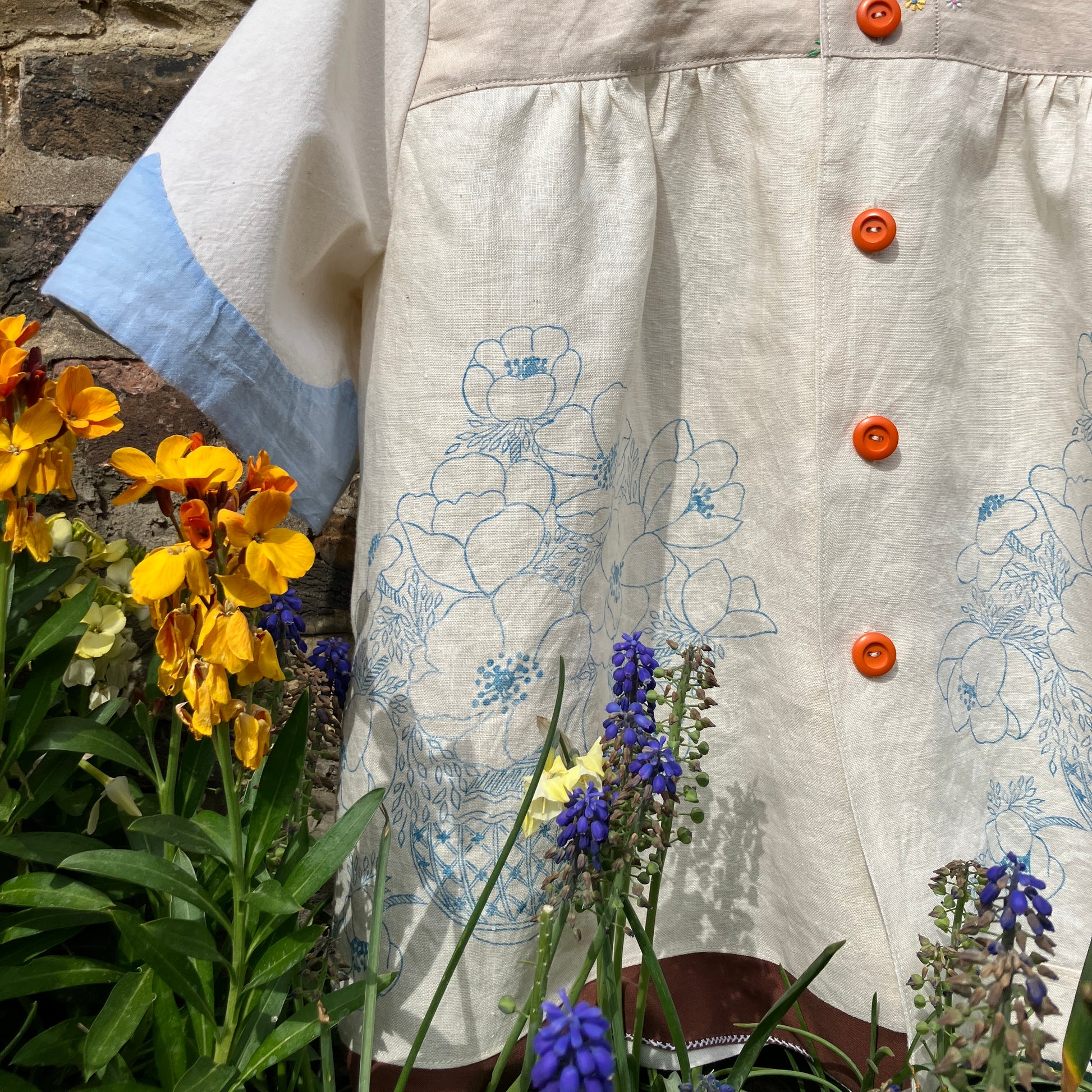 shirt made from vintage cross stitch flowers recycled linen panel