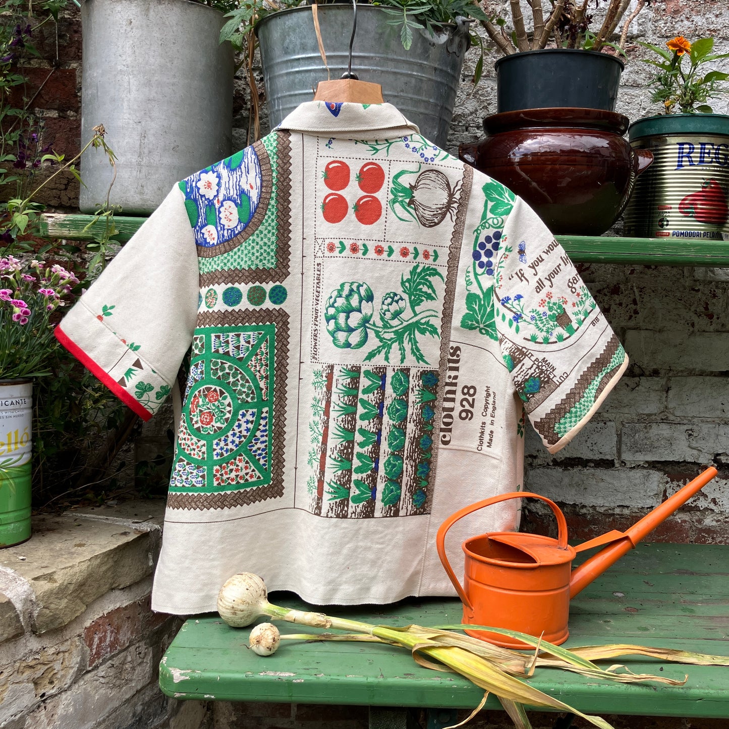 shirt made from  vintage Clothkits gardening themed fabric