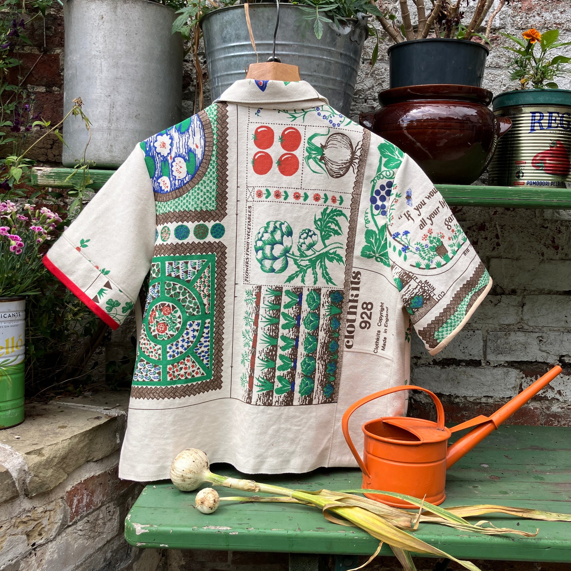 shirt made from  vintage Clothkits gardening themed fabric