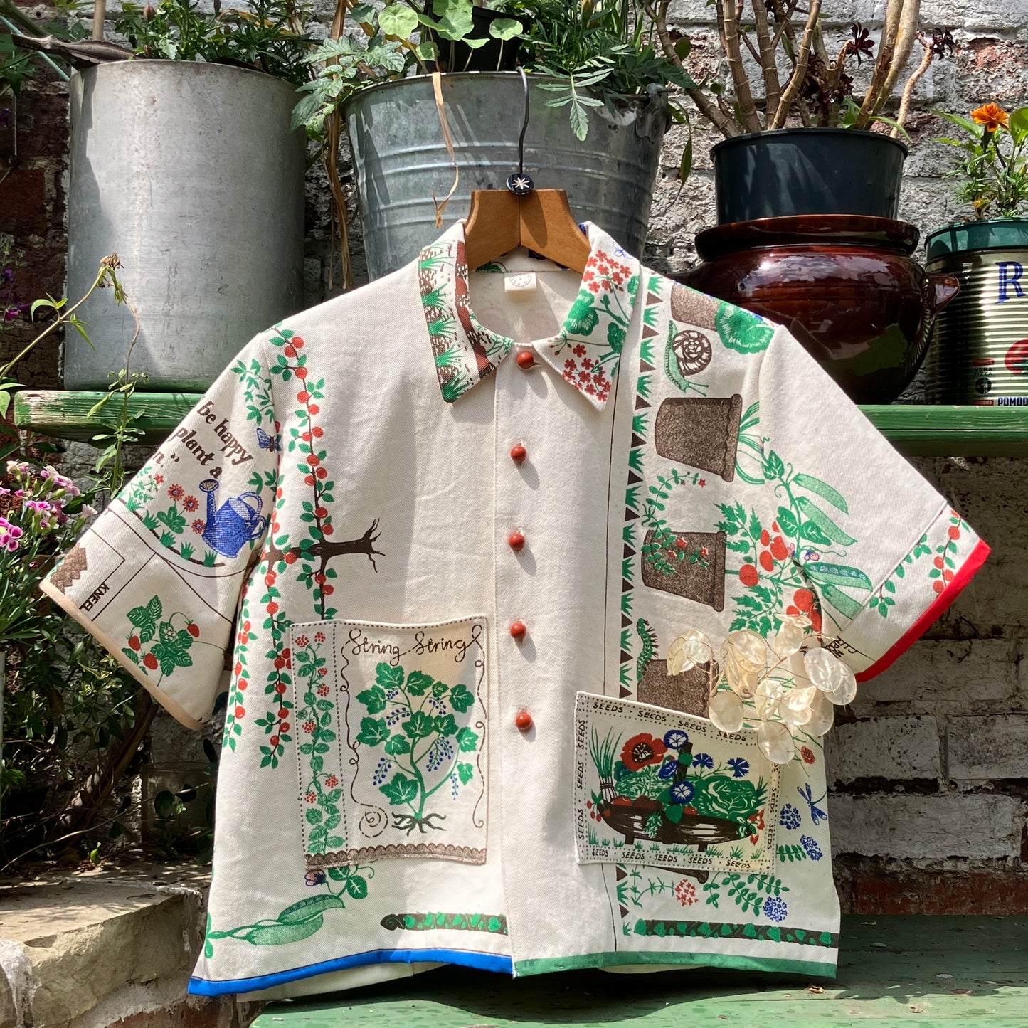 shirt made from  vintage Clothkits gardening themed fabric
