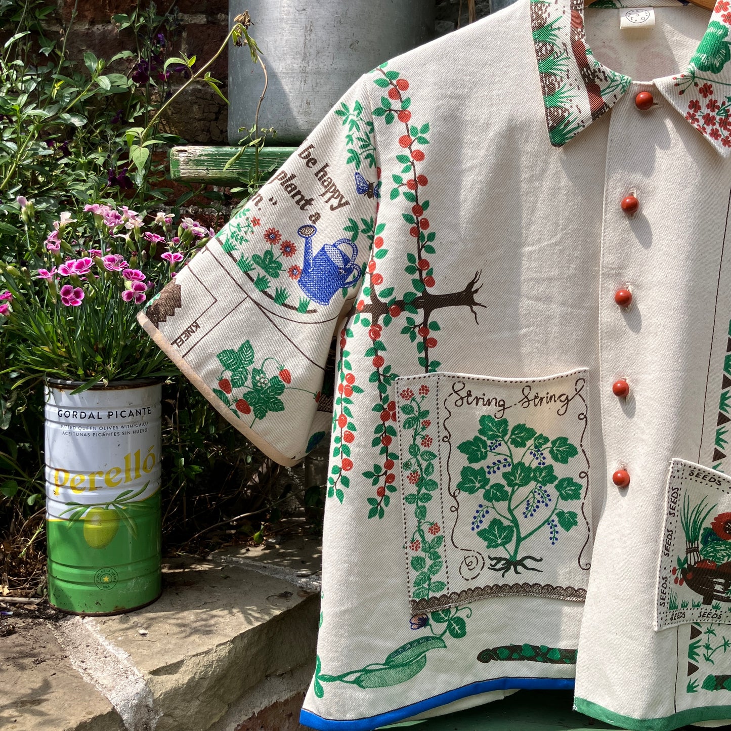 shirt made from  vintage Clothkits gardening themed fabric