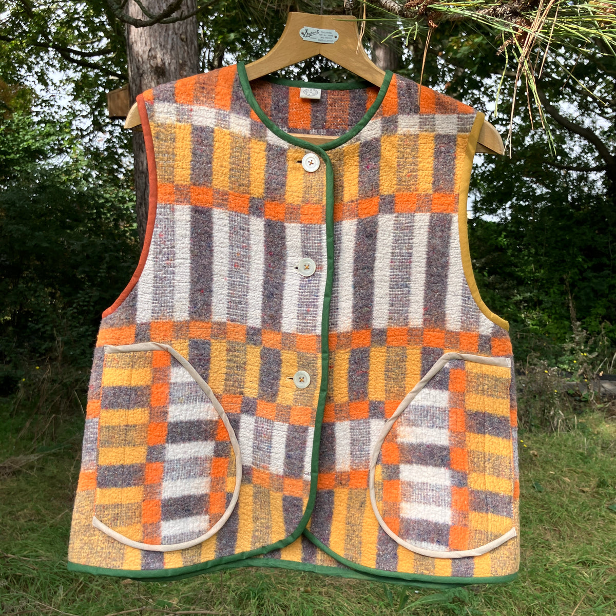 button front vest made from a geometric vintage blanket