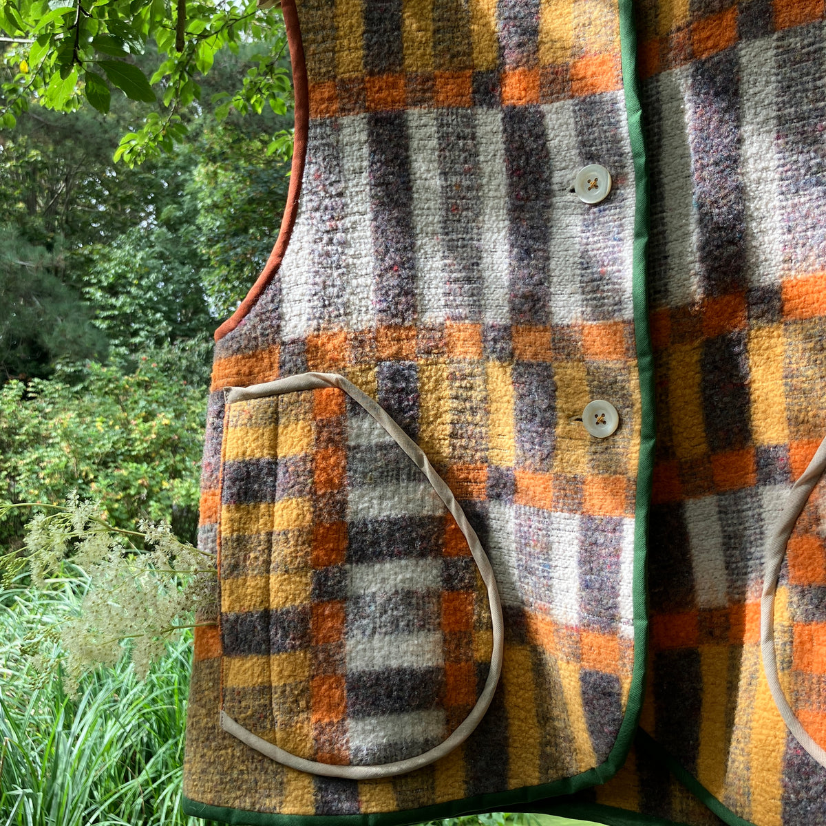 button front vest made from a geometric vintage blanket