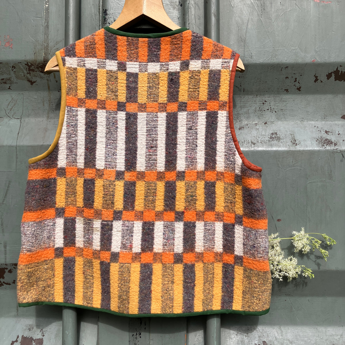 button front vest made from a geometric vintage blanket