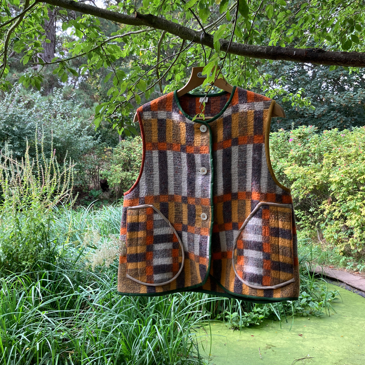 button front vest made from a geometric vintage blanket