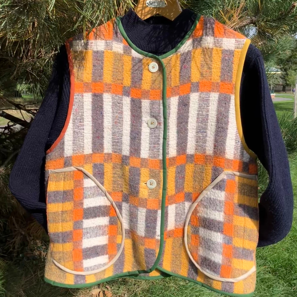 button front vest made from a geometric vintage blanket