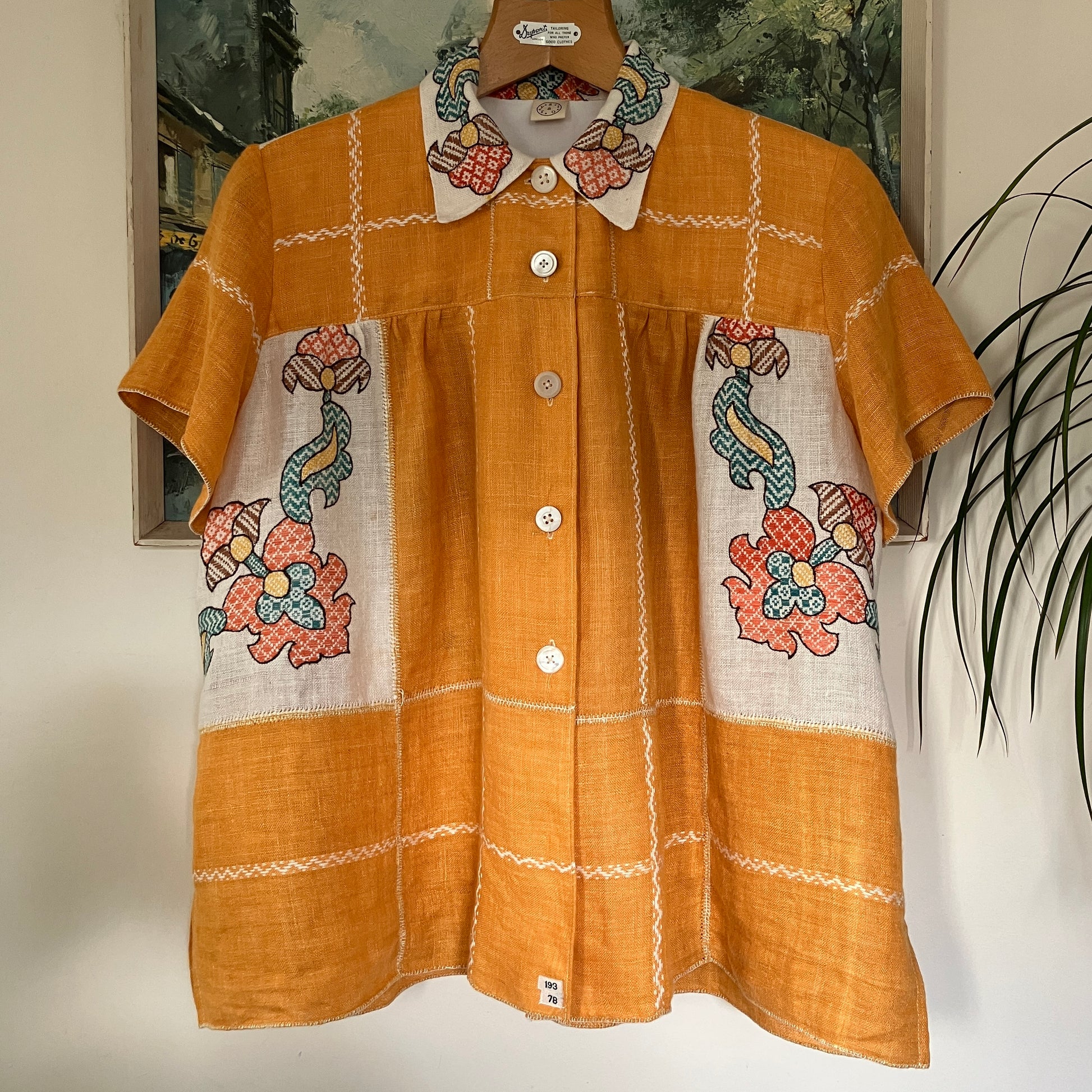 recycled linen tablecloth shirt in golden yellow with colourful embroidery