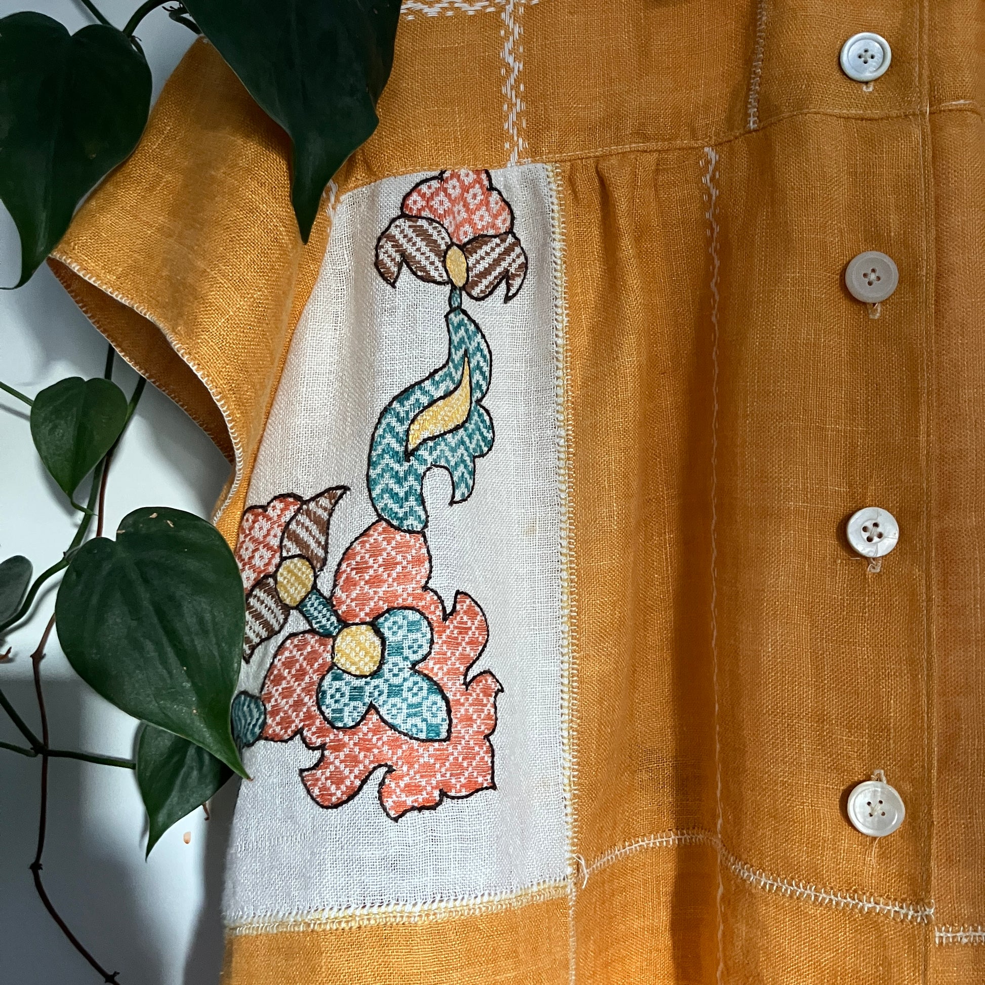 recycled linen tablecloth shirt in golden yellow with colourful embroidery