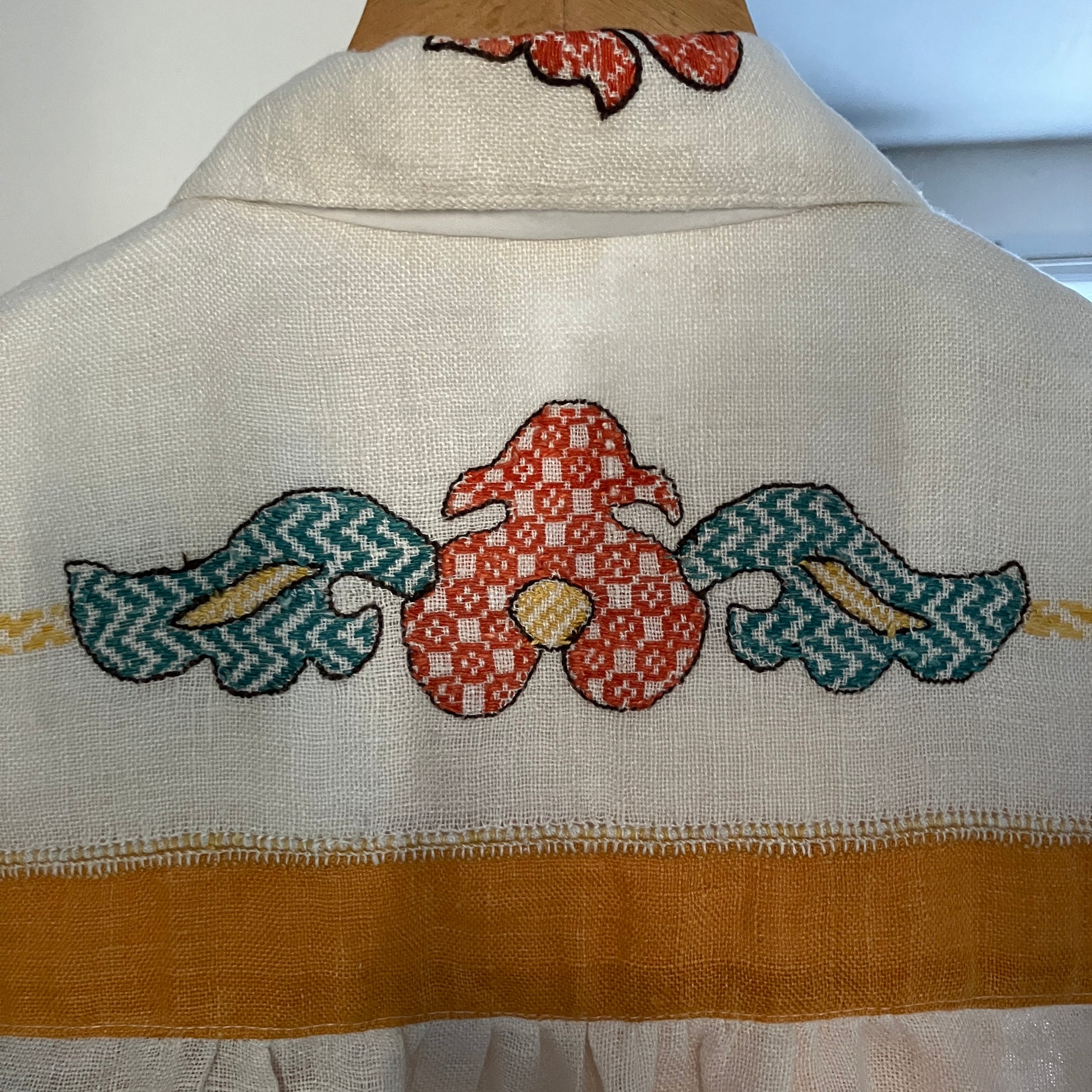 recycled linen tablecloth shirt in golden yellow with colourful embroidery