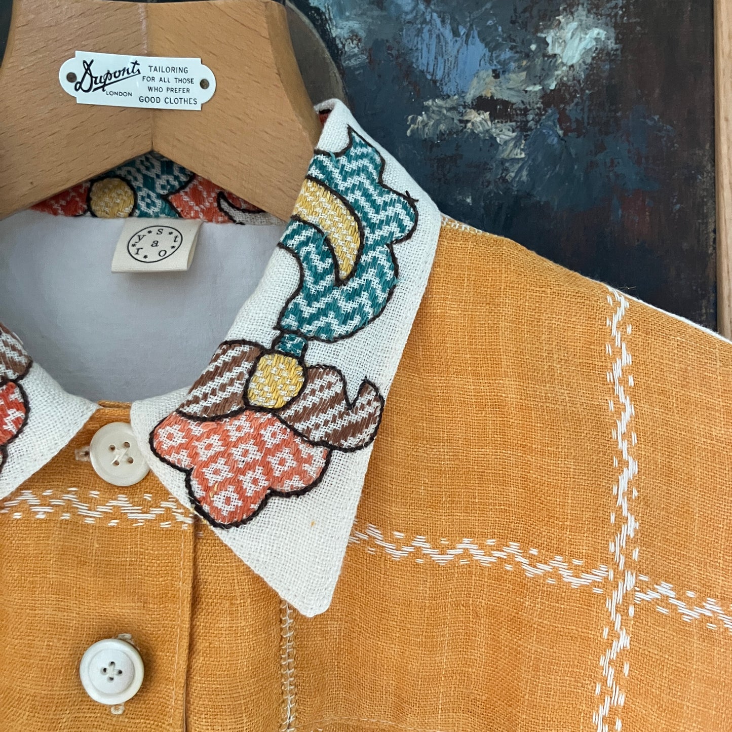 recycled linen tablecloth shirt in golden yellow with colourful embroidery