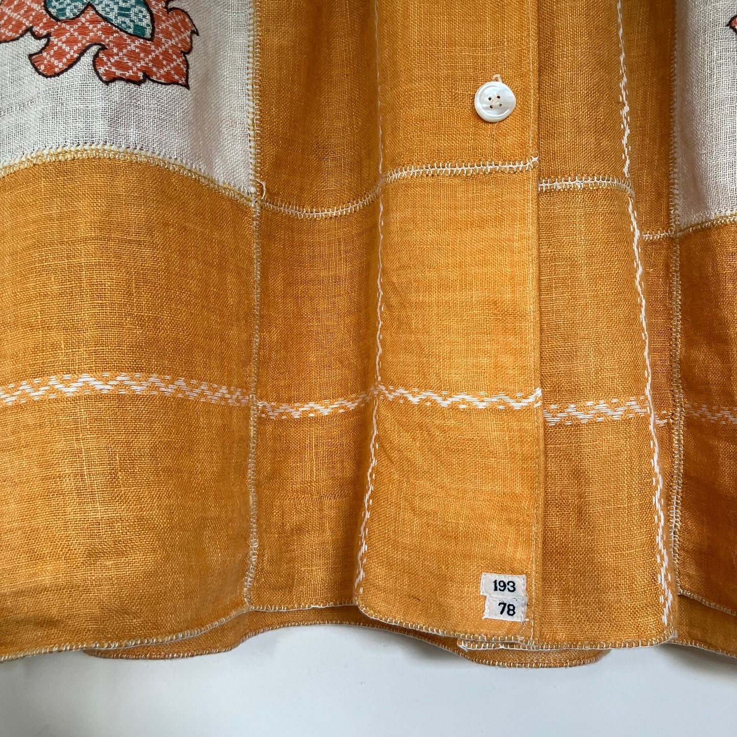 recycled linen tablecloth shirt in golden yellow with colourful embroidery